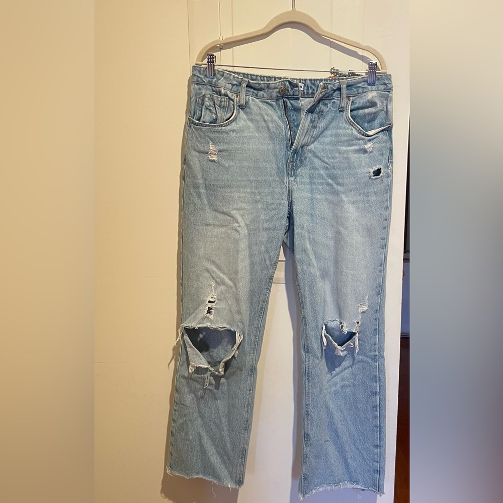 Zara High Rise Distressed Ripped Knee Straight Leg Jeans